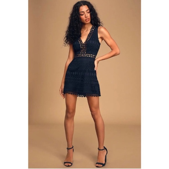 Lulu’s Take Me Dancing Navy Blue Crochet Lace Sleeveless Mini Dress - Picture 3 of 13
